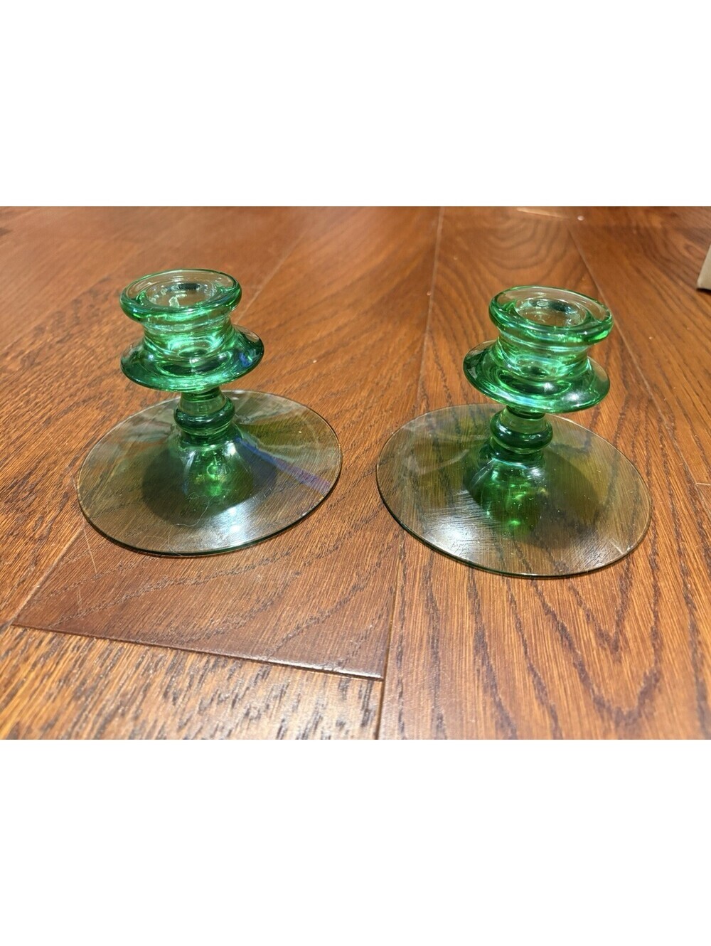 Vintage Green Uranium Vaseline Depression Glass Candlestick Holders Pair 4.5"